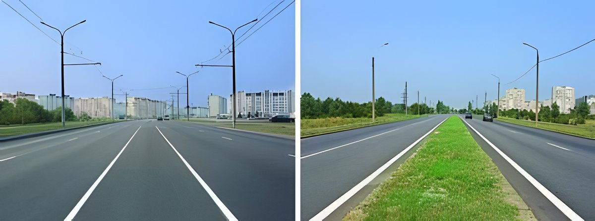 Illustration for the question: In which image does the road have a median?