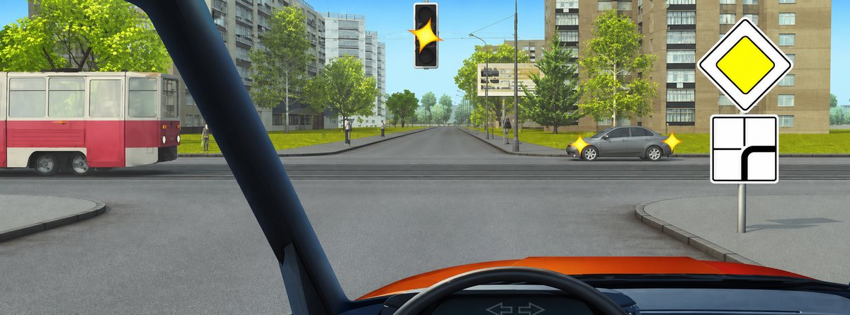 Illustration for the question: When the traffic signal is flashing yellow, while proceeding straight through the intersection we must: