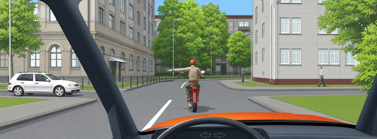 Illustration for the question: What is the driver of the motorcycle indicating?