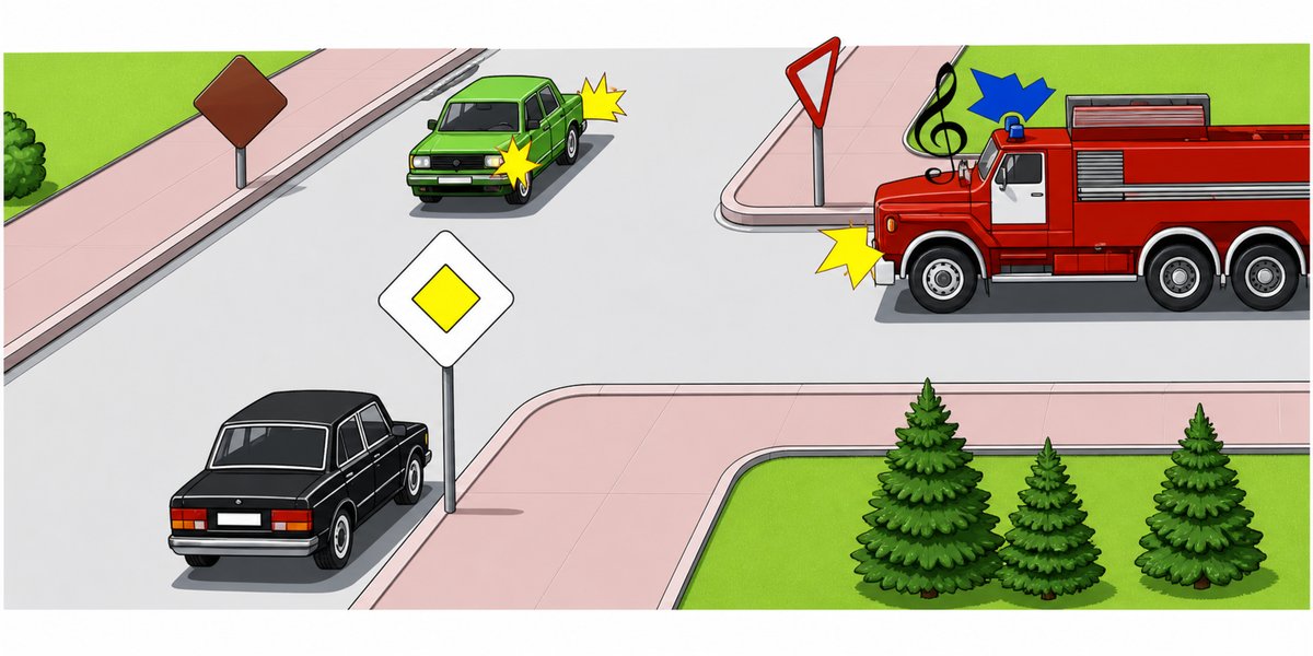 Illustration for the question: The black automobile will proceed through the intersection:
