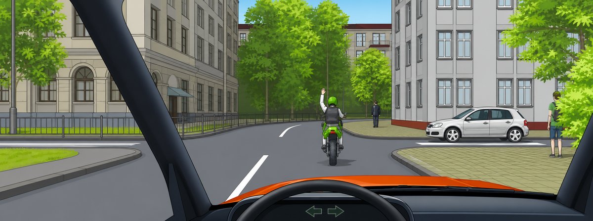 Illustration for the question: What is the driver of the motorcycle indicating?